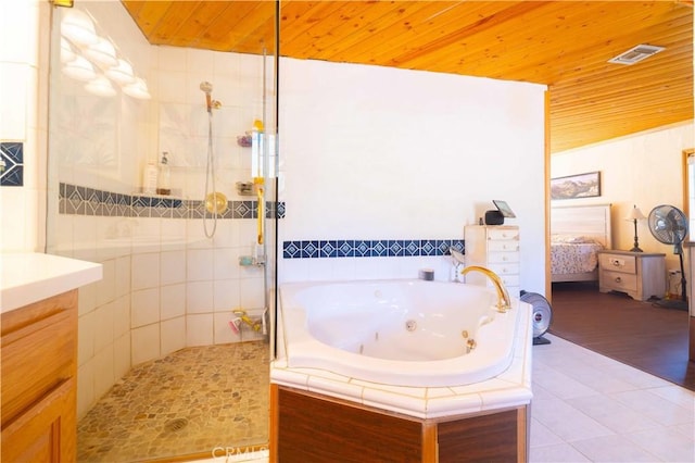 bathroom with vanity, separate shower and tub, and wood ceiling