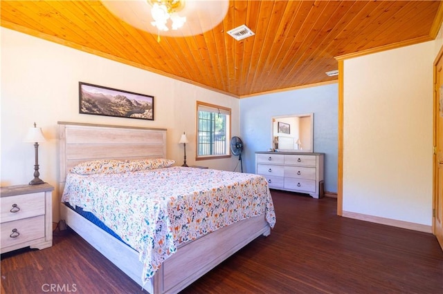 bedroom with dark hardwood / wood-style floors, crown molding, ceiling fan, and wooden ceiling