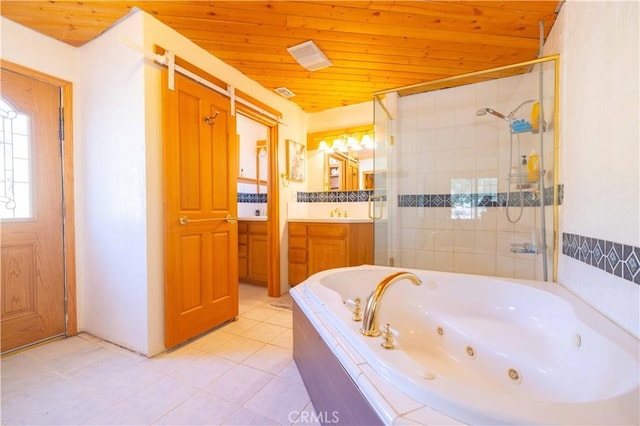 bathroom featuring tile patterned flooring, shower with separate bathtub, vanity, and wooden ceiling