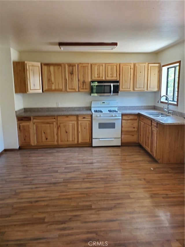 kitchen with sink, dark hardwood / wood-style floors, and white range