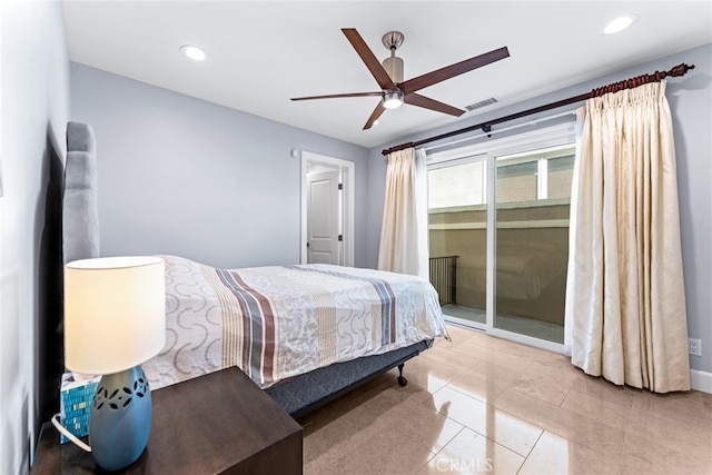 bedroom featuring light tile patterned flooring and ceiling fan