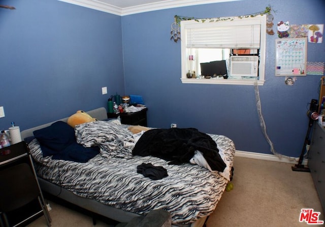 carpeted bedroom featuring ornamental molding