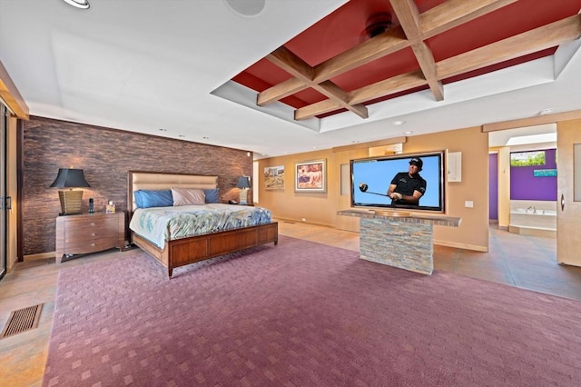 bedroom featuring tile patterned flooring, beamed ceiling, and coffered ceiling