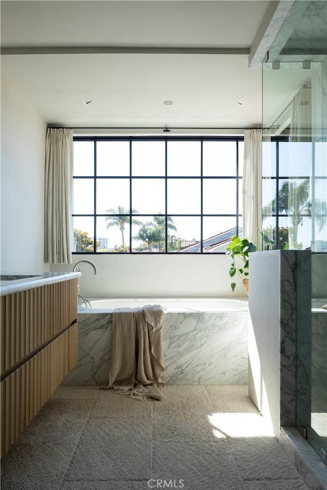 bathroom with vanity and separate shower and tub