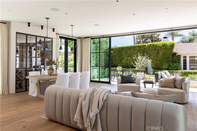 living room with floor to ceiling windows and light wood-type flooring