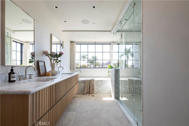 bathroom with plenty of natural light, vanity, and shower with separate bathtub