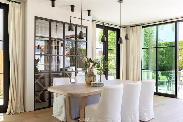 unfurnished dining area featuring a wall of windows and light wood-type flooring