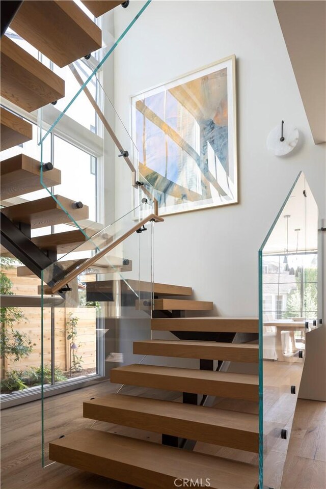 stairs with hardwood / wood-style flooring