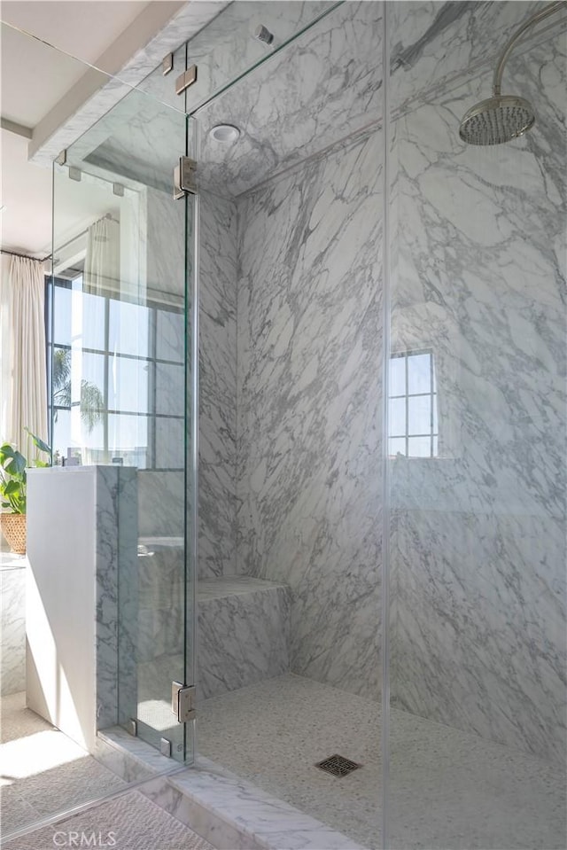 bathroom featuring a shower with shower door