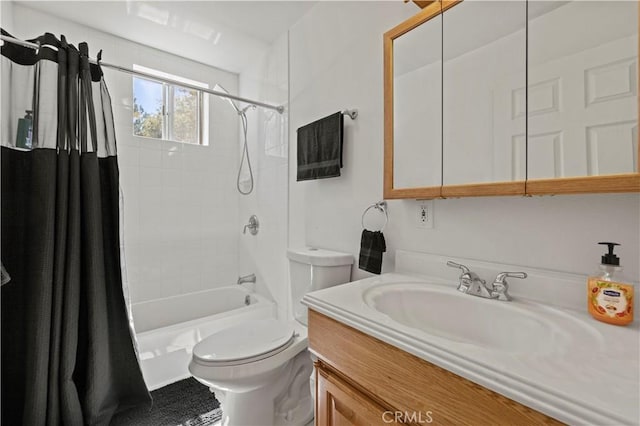 full bathroom with vanity, shower / bathtub combination with curtain, and toilet