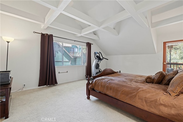 carpeted bedroom with multiple windows and beam ceiling