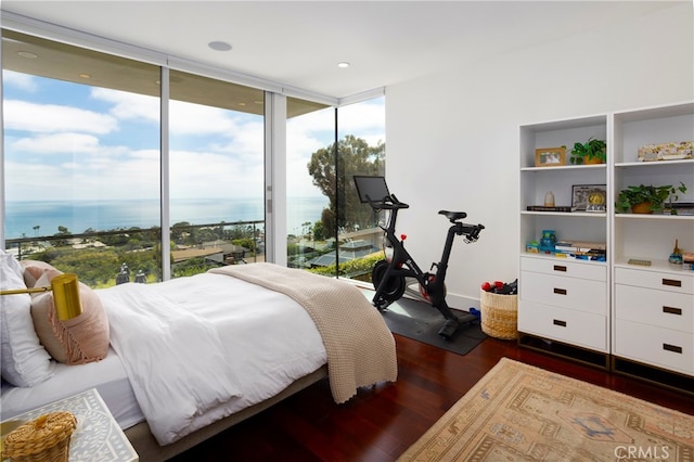 bedroom featuring a wall of windows, dark hardwood / wood-style floors, and a water view