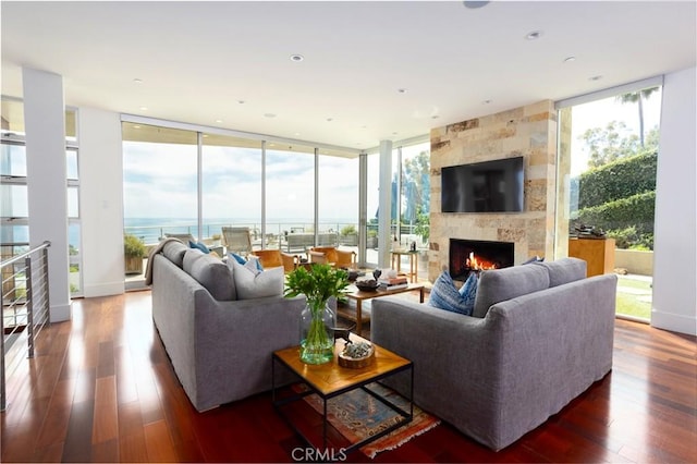 living room featuring a wall of windows, wood finished floors, and a large fireplace