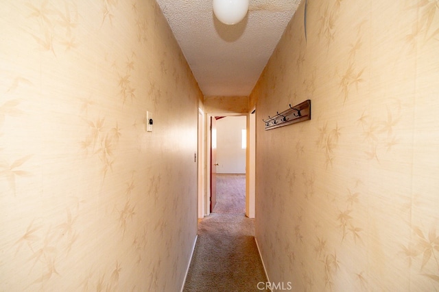 corridor featuring a textured ceiling and carpet flooring