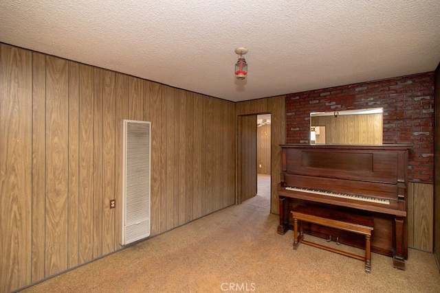 misc room with light colored carpet, wood walls, and a textured ceiling