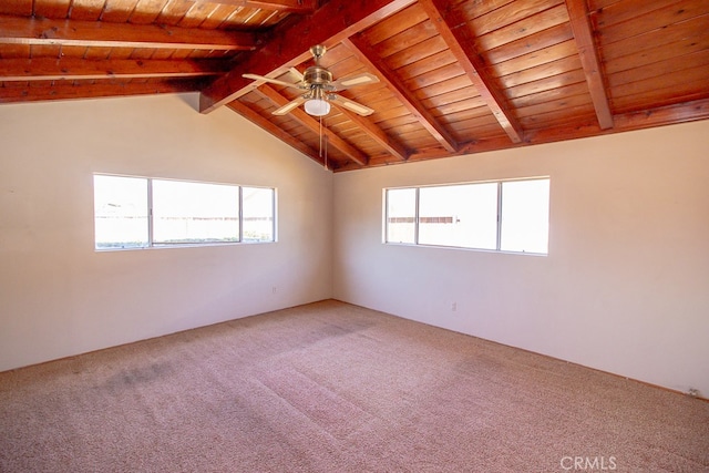 carpeted empty room with ceiling fan, lofted ceiling with beams, and wooden ceiling