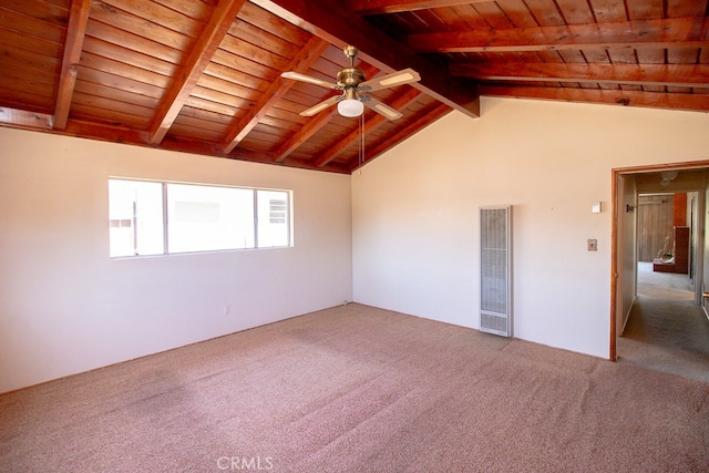 unfurnished room with ceiling fan, wooden ceiling, beam ceiling, and carpet floors