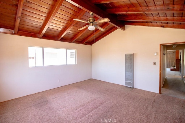 carpeted spare room with lofted ceiling with beams, visible vents, wooden ceiling, and ceiling fan