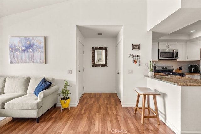 interior space featuring light hardwood / wood-style flooring and lofted ceiling