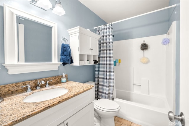 full bathroom featuring vanity, shower / tub combo, tile patterned flooring, and toilet