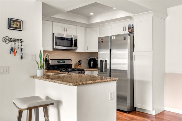 kitchen with white cabinetry, dark stone countertops, stainless steel appliances, light hardwood / wood-style floors, and a raised ceiling