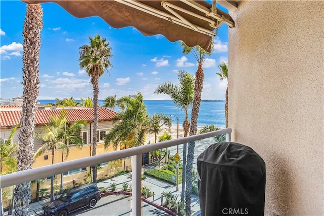 balcony with a water view and grilling area