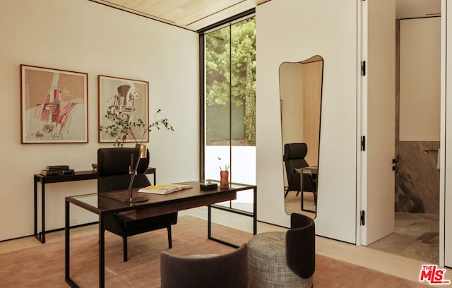 office area featuring wooden ceiling and floor to ceiling windows