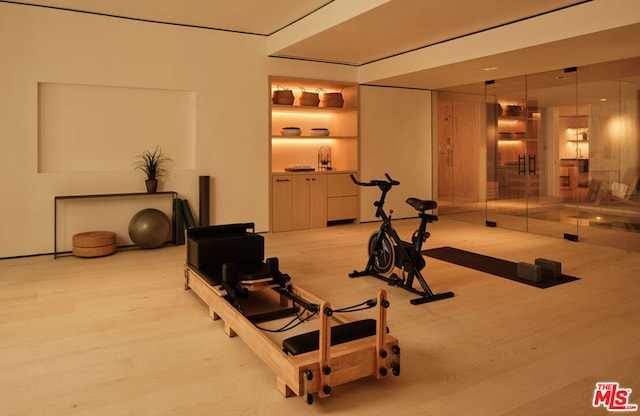 workout room featuring hardwood / wood-style flooring