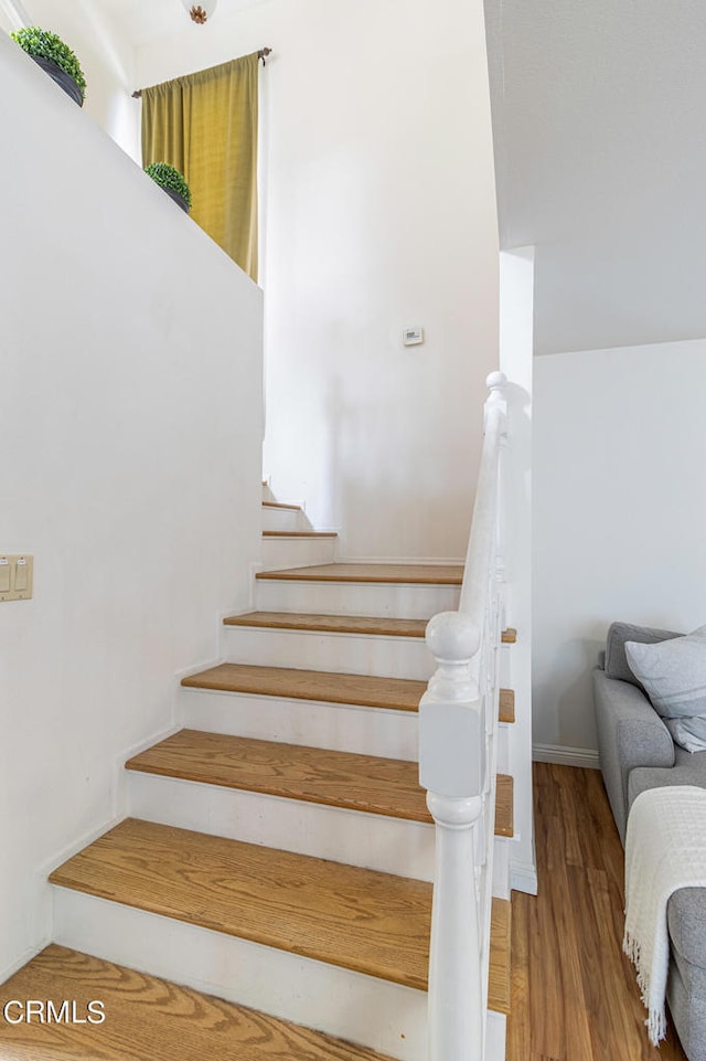 staircase with wood-type flooring