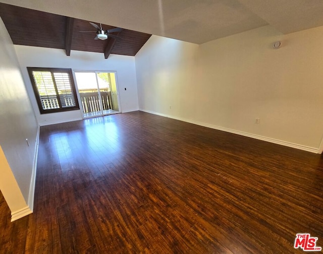 unfurnished living room featuring ceiling fan, wood ceiling, lofted ceiling with beams, and dark wood-type flooring