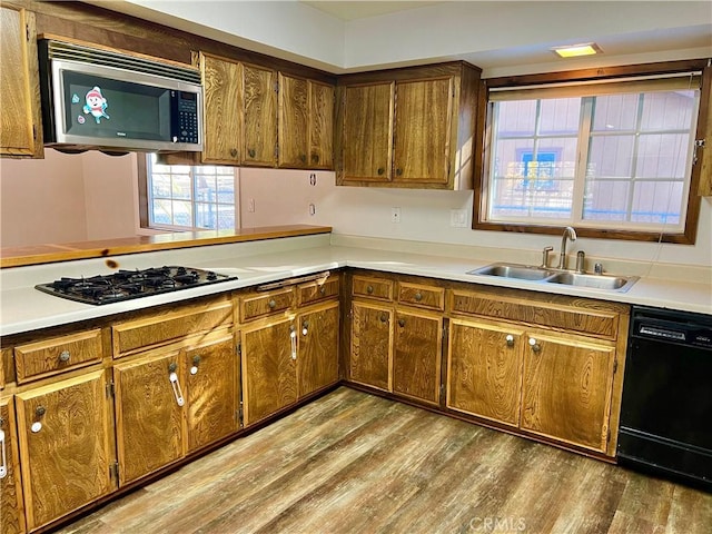 kitchen featuring gas cooktop, wood-type flooring, black dishwasher, and sink