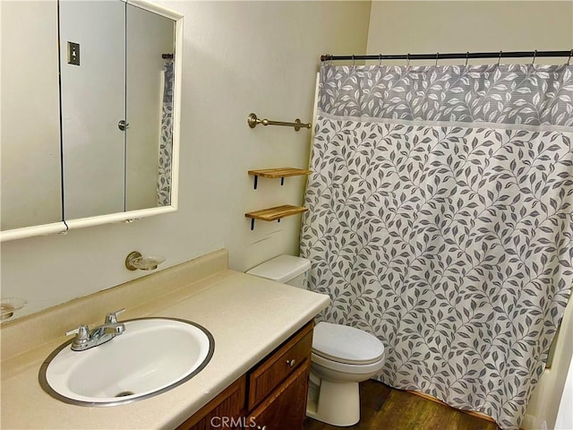 bathroom featuring hardwood / wood-style floors, vanity, and toilet