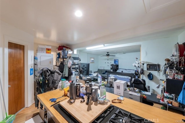 kitchen featuring ceiling fan and light hardwood / wood-style flooring