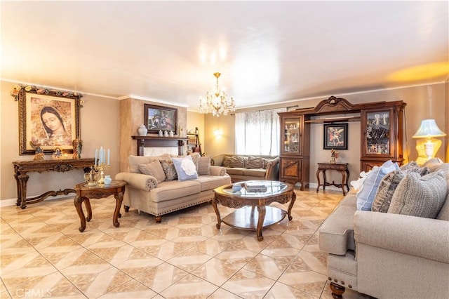 living area featuring light tile patterned flooring, baseboards, and an inviting chandelier