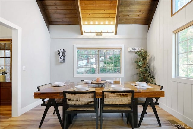 dining area featuring wood-type flooring, wood walls, and wooden ceiling