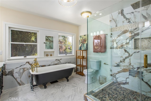 bathroom featuring tile walls, toilet, and plus walk in shower