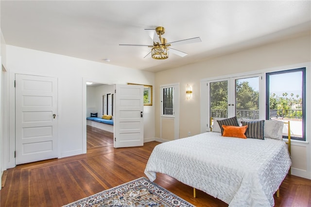 bedroom featuring ceiling fan and dark hardwood / wood-style floors