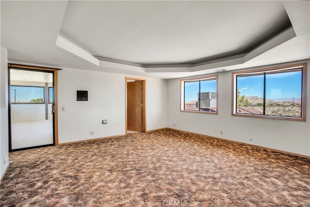 carpeted empty room featuring a tray ceiling