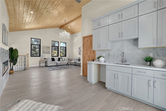 kitchen featuring beam ceiling, sink, hanging light fixtures, light hardwood / wood-style floors, and wood ceiling