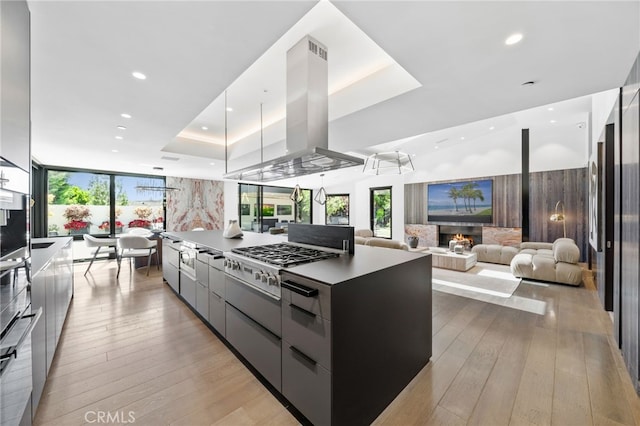 kitchen with stainless steel gas stovetop, a spacious island, light hardwood / wood-style flooring, a tray ceiling, and island exhaust hood