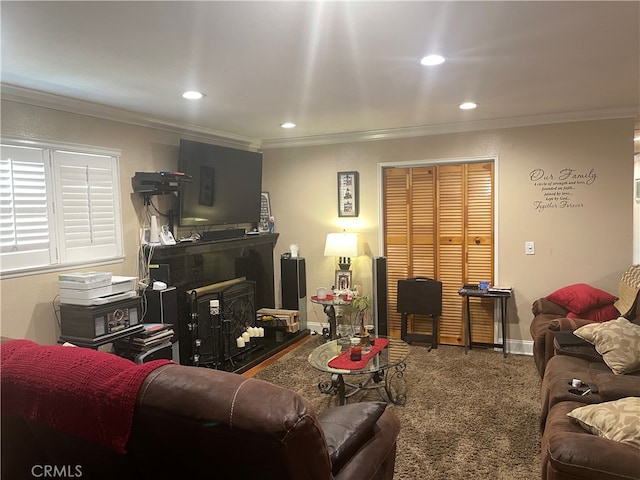 carpeted living room with ornamental molding