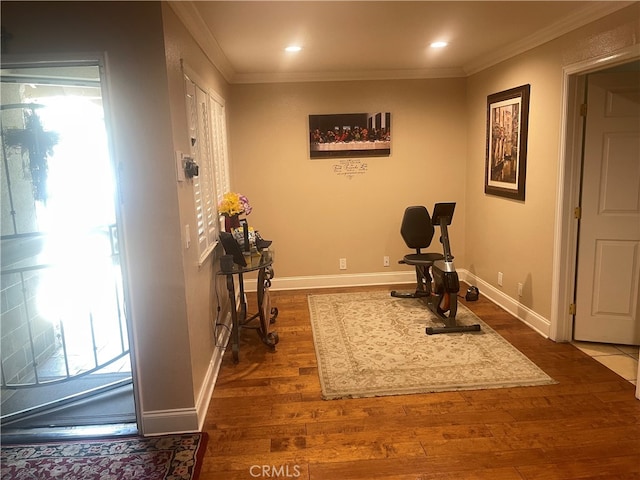 workout room featuring crown molding and hardwood / wood-style flooring