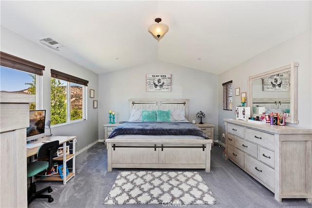 bedroom featuring carpet flooring and vaulted ceiling