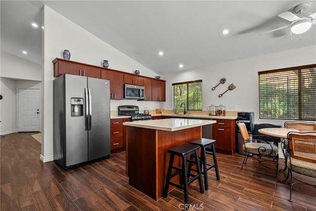 kitchen featuring dark hardwood / wood-style floors, vaulted ceiling, and appliances with stainless steel finishes