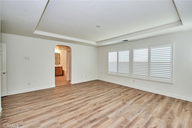 spare room featuring light hardwood / wood-style floors and a raised ceiling