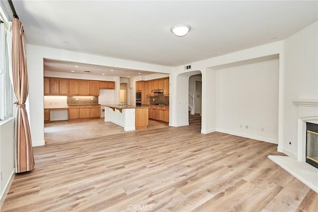 unfurnished living room with light hardwood / wood-style floors, sink, and a wealth of natural light