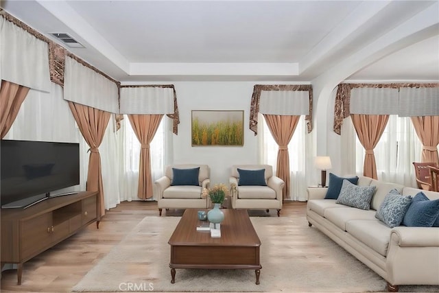 living room with a raised ceiling and light hardwood / wood-style flooring