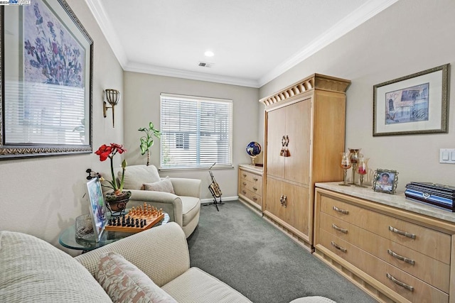 interior space with carpet and crown molding