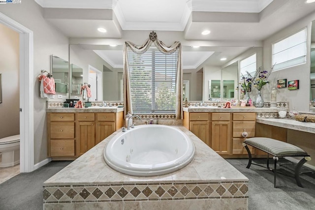 bathroom with tiled tub, vanity, plenty of natural light, and toilet