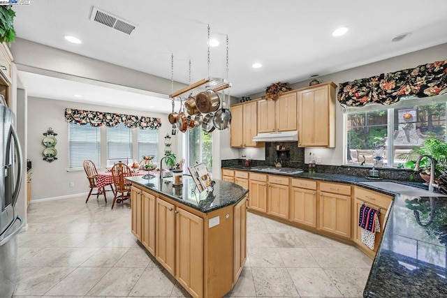 kitchen with appliances with stainless steel finishes, a healthy amount of sunlight, a center island, and sink